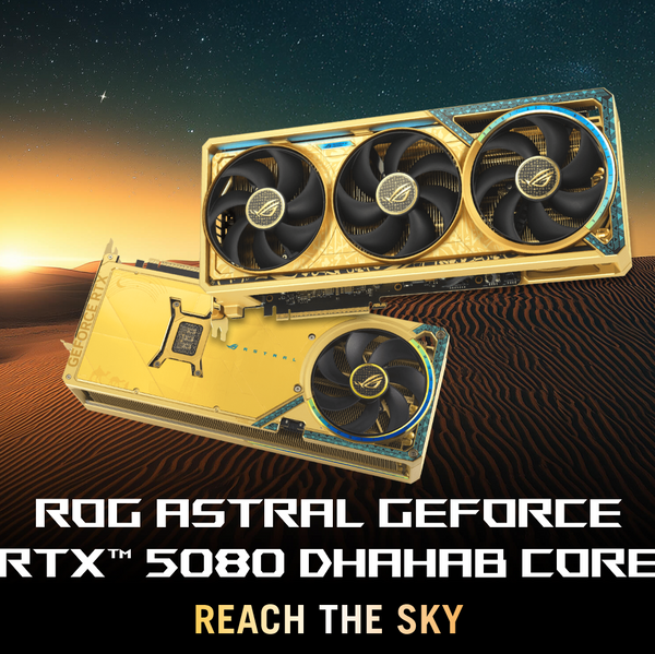 Two ROG Astral GeForce RTX graphics cards on a desert landscape with sunset.