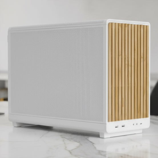 White computer case with wooden side panel on a white background